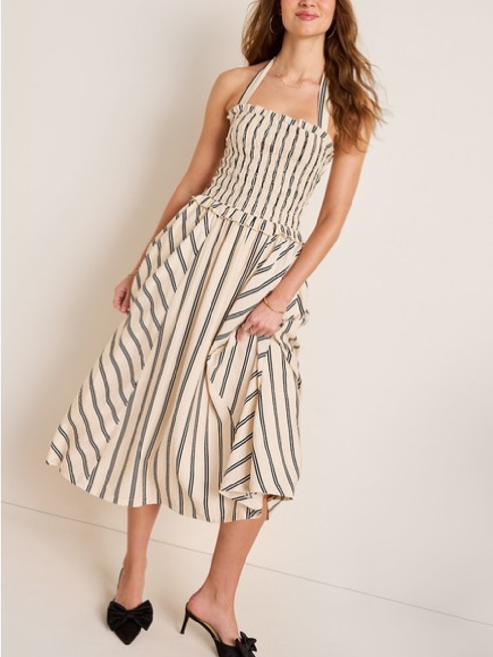 NWT Striped Halter Midi Dress in Sand and Black - Fit & Flare